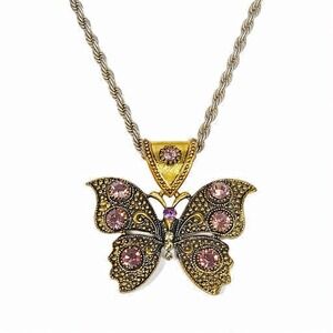 Vintage Gold Tone Butterfly Pendant Necklace Pink Rhinestones Rope Chain